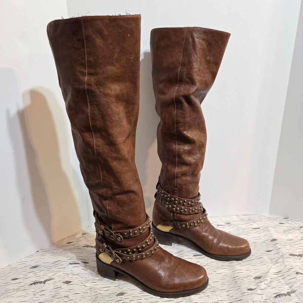 Stuart Weitzman Yeeha Over Knee Boots Sz 4.5 Brown Leather Studded Ankle straps